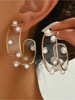 Gold-Trim Clear Hoop Earrings with White Pearls